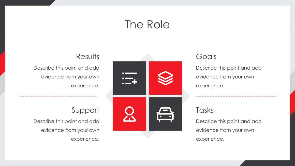 Red Corner Job Application Presentation Template: Slide 9. Four red and dark icon squares sit between notes on results, goals, support and tasks.