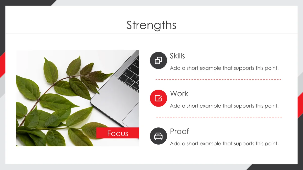 Red Corner Job Application Presentation Template: Slide 11. A leaves-and-laptop photograph sits beside three icon notes for skills, work and proof.