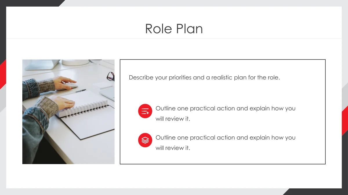 Red Corner Job Application Presentation Template: Slide 14. A working-desk photograph sits beside a bordered plan panel with two red icon notes.