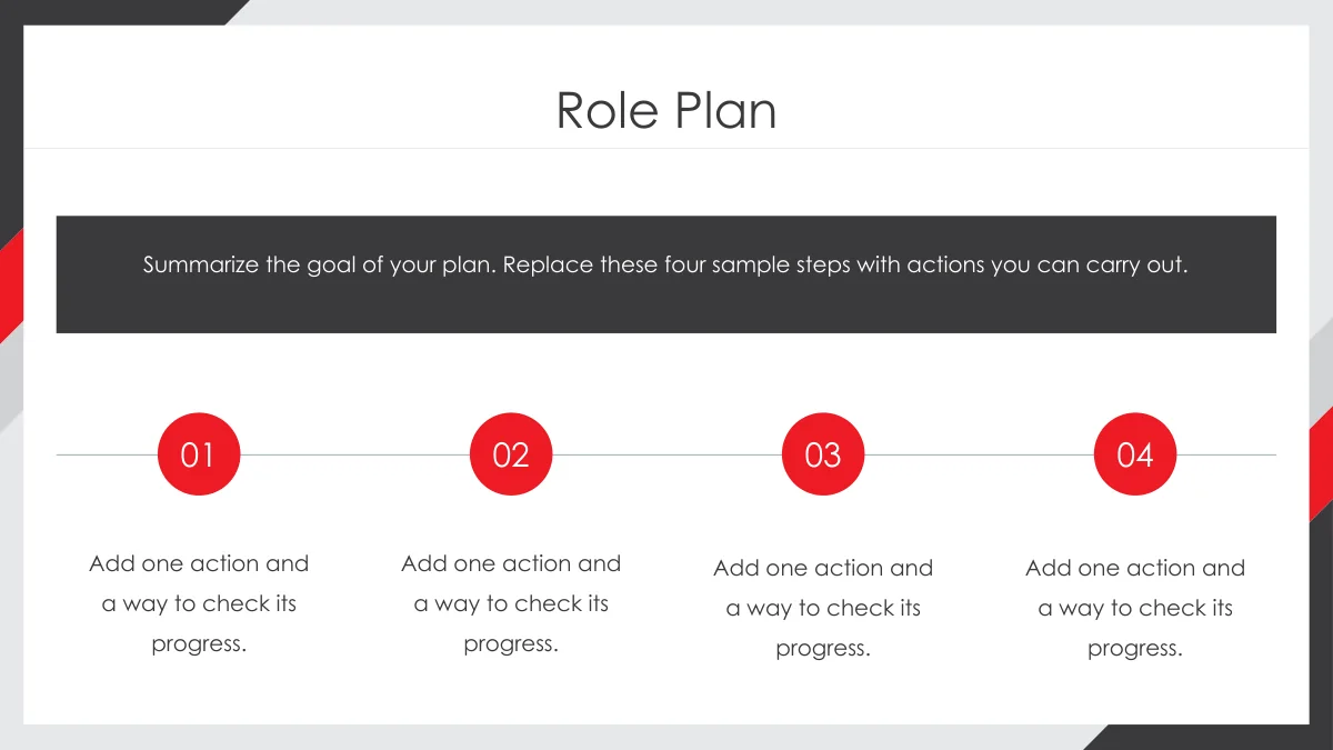 Red Corner Job Application Presentation Template: Slide 15. Four numbered red circles follow a horizontal line below a dark summary panel, with one action note per circle.