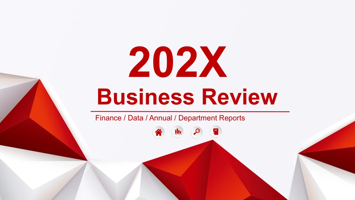 Red Faceted Annual Report Presentation Template: Red and white faceted forms rise along the lower edge. A large 202X label sits above the report title, a thin red rule and four small circular icons.