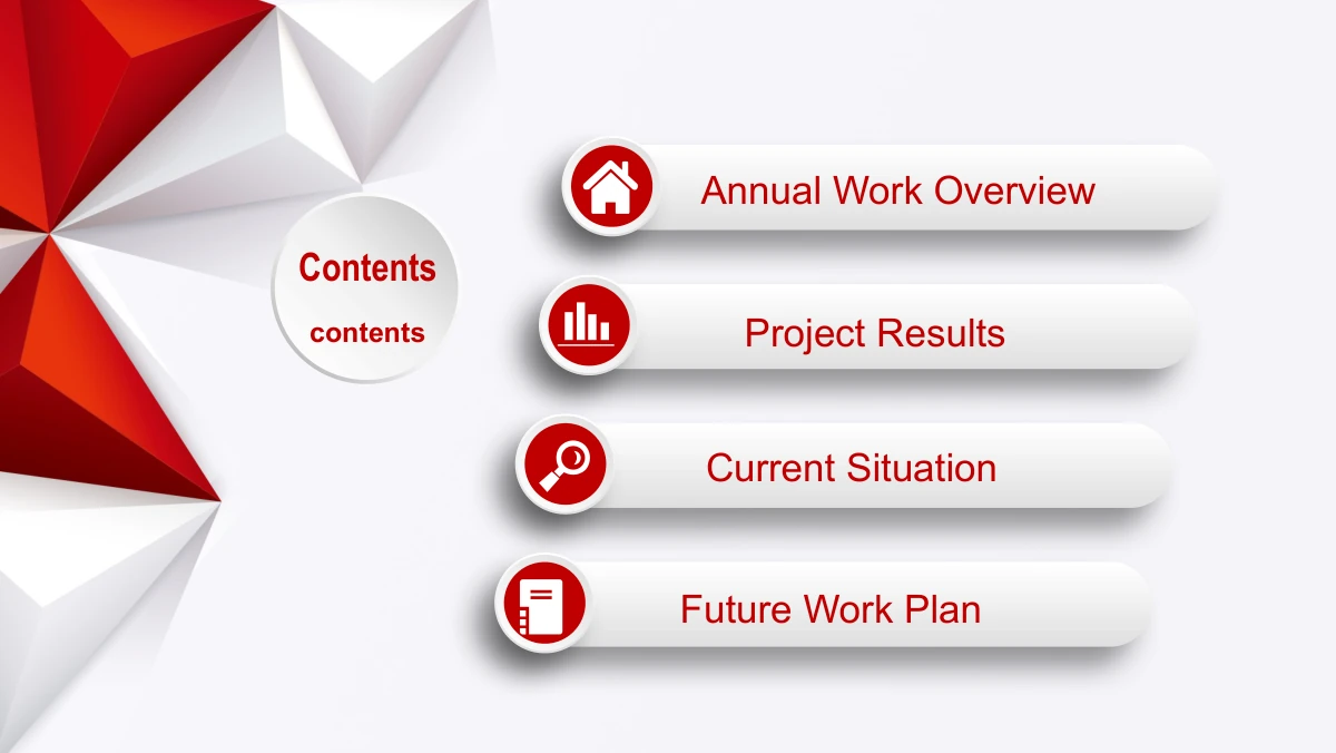 Red Faceted Annual Report Presentation Template: Four raised horizontal white tabs list the report chapters. Red circular badges hold home, bar-chart, key and notebook icons beside the faceted border.