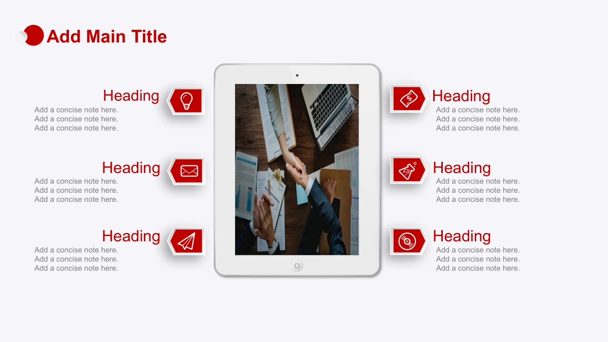 Red Faceted Annual Report Presentation Template: A white tablet frame displays an overhead handshake photograph. Three red icon tags and short note groups are arranged on either side of the device.