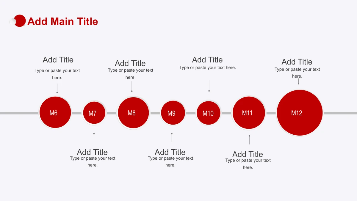 Red Faceted Annual Report Presentation Template: Seven red circles of different sizes mark June through December along a grey horizontal line. Short notes alternate above and below the monthly markers.