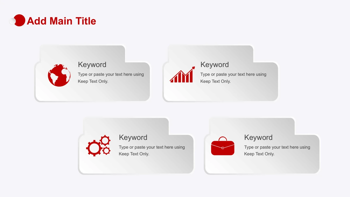 Red Faceted Annual Report Presentation Template: Four pale tab-shaped panels are arranged in a two-by-two grid. Red globe, growth, gear and briefcase icons accompany a keyword and note in each panel.