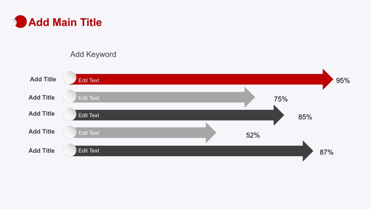 Red Faceted Annual Report Presentation Template: Five long horizontal arrows start from pale round markers. Red and grey arrow bodies carry short labels, with sample percentage figures at their pointed ends.