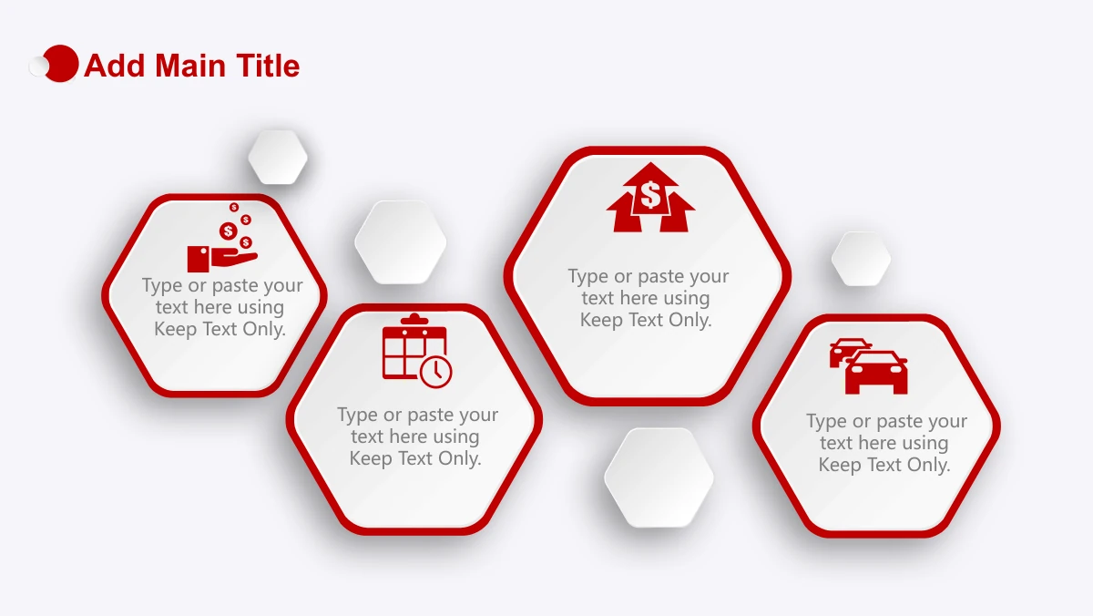 Red Faceted Annual Report Presentation Template: Four pale hexagons with thick red outlines hold short notes and money, calendar, growth and car icons. Smaller raised white hexagons fill the gaps between them.