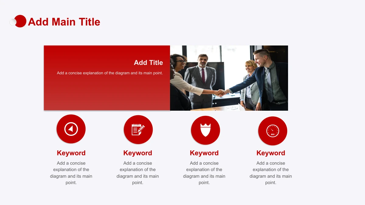 Red Faceted Annual Report Presentation Template: A red text panel meets a horizontal handshake photograph across the upper middle. Four red circular icon badges introduce separate keyword notes underneath.