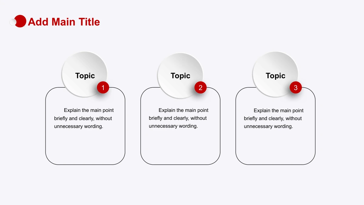 Red Faceted Annual Report Presentation Template: Three slim rounded outline cards stand side by side. Each has a pale raised circle at the top and a small red numbered badge overlapping its edge.