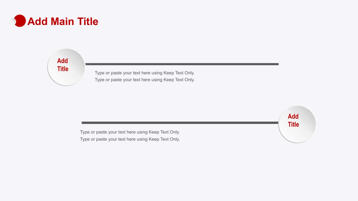 Red Faceted Annual Report Presentation Template: Two long grey rules divide the page into upper and lower notes. A raised pale title disc sits at the left end of the upper rule and the right end of the lower rule.