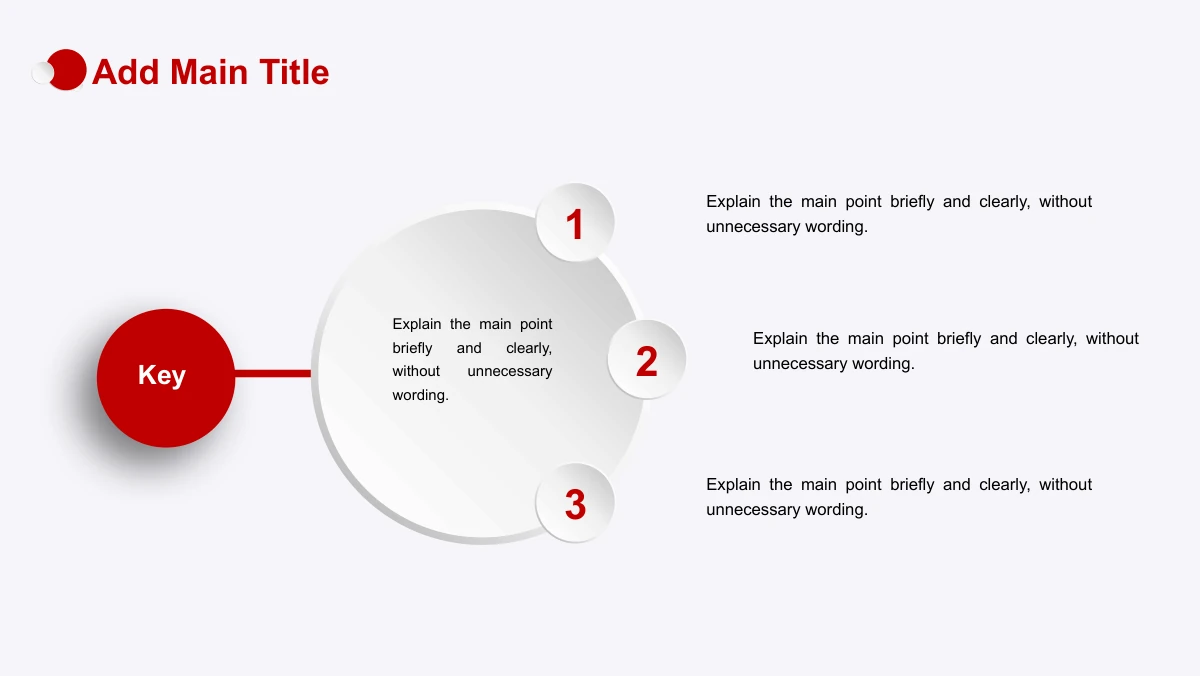 Red Faceted Annual Report Presentation Template: A red keyword disc connects to a larger pale circle. Three small raised numbered circles follow its right edge, each linked to a short note farther right.