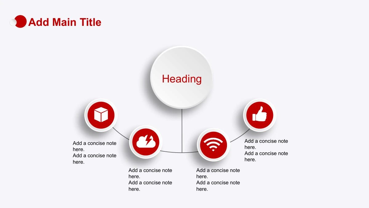 Red Faceted Annual Report Presentation Template: A large pale title circle connects to four red icon discs along a shallow curve. Cube, cloud, WiFi and thumbs-up symbols accompany separate notes.