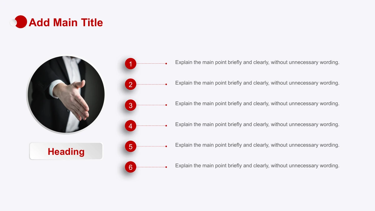Red Faceted Annual Report Presentation Template: A circular photograph of an outstretched hand appears on the left. Six red numbered markers lead into aligned note rows on the right.