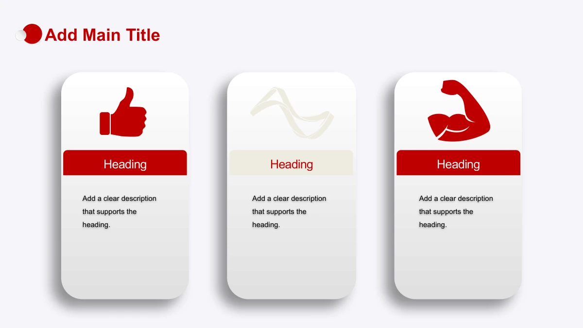 Red Faceted Annual Report Presentation Template: Three tall rounded white cards carry thumbs-up, ribbon-like and flexed-arm graphics. A horizontal title strip separates each graphic from its paragraph.