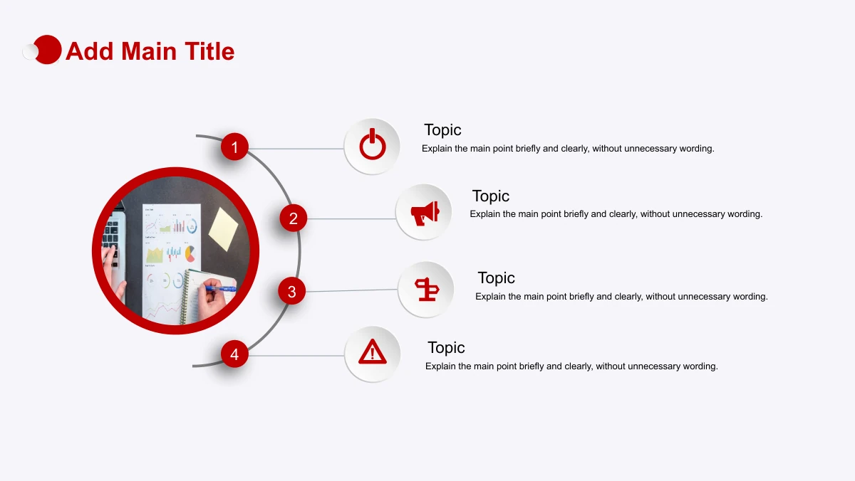 Red Faceted Annual Report Presentation Template: A red-ringed circular desk photograph shows a chart sheet, laptop and notebook. Four numbered markers follow a curved line and connect to icon-led notes on the right.