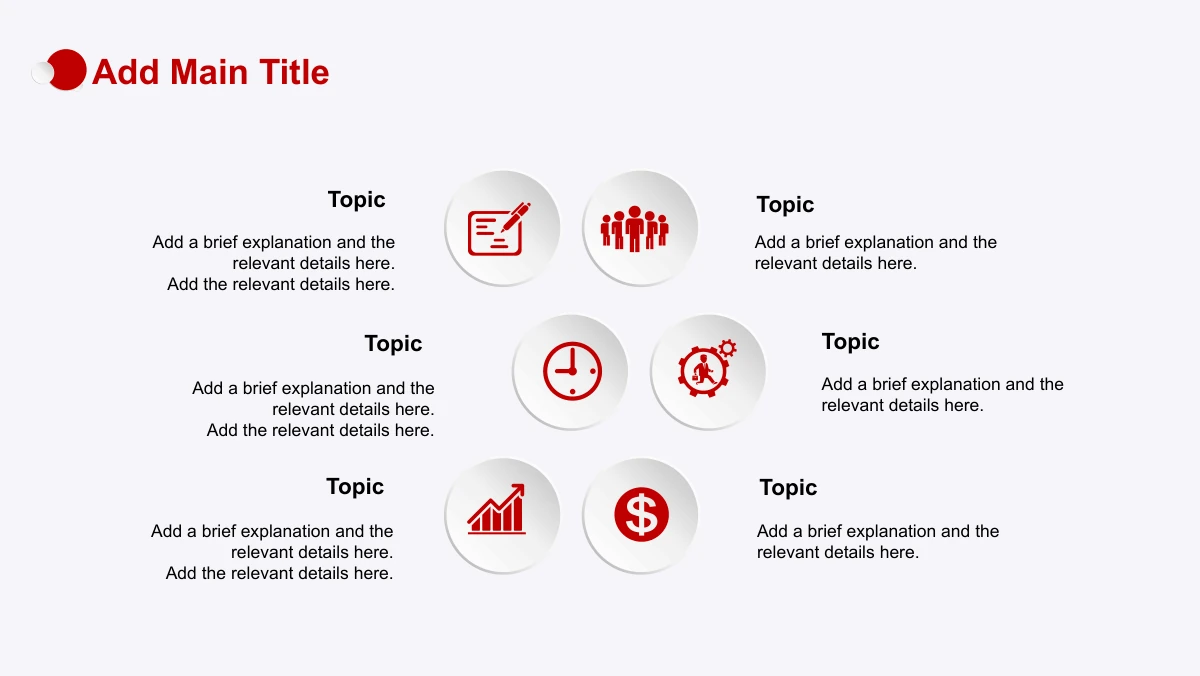 Red Faceted Annual Report Presentation Template: Six raised pale icon discs form two vertical columns. Writing, people, clock, gear, growth and currency symbols sit between short text areas.