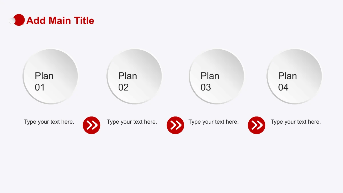 Red Faceted Annual Report Presentation Template: Four large pale proposal circles sit above separate paragraphs. Red circular double-chevron markers suggest movement from one proposal column to the next.