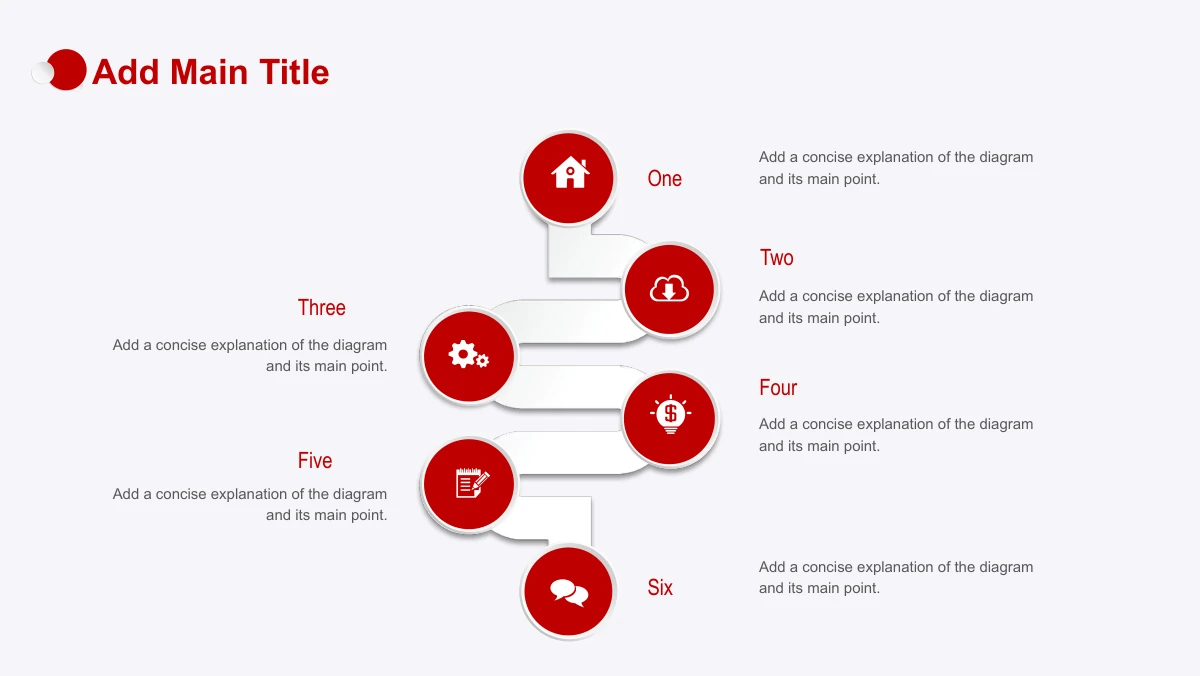 Red Faceted Annual Report Presentation Template: A pale connected path winds downward through six red icon discs. Stage headings and explanatory notes alternate on the left and right of the path.