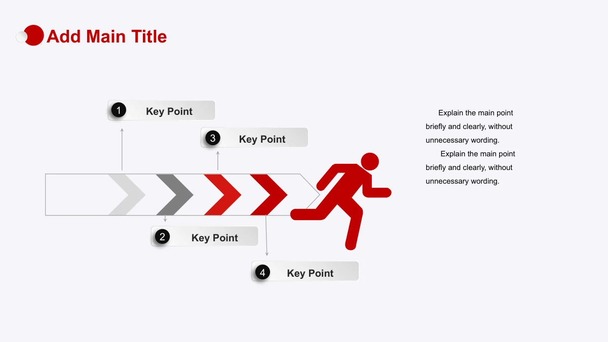 Red Faceted Annual Report Presentation Template: A red running figure moves beside a horizontal chevron track. Four numbered keyword tabs connect to the track, with two note areas arranged on the right.