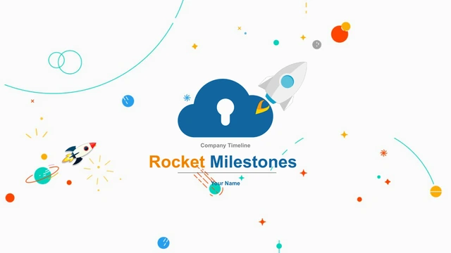 Rocket Milestones terletak di bawah Company Timeline dan awan biru berlubang kunci, dikelilingi roket, planet dan bintang berwarna.