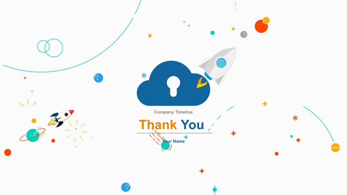 Thank You menggantikan tajuk muka depan di bawah Company Timeline, dengan awan berlubang kunci, roket, planet dan ruang nama yang sama.