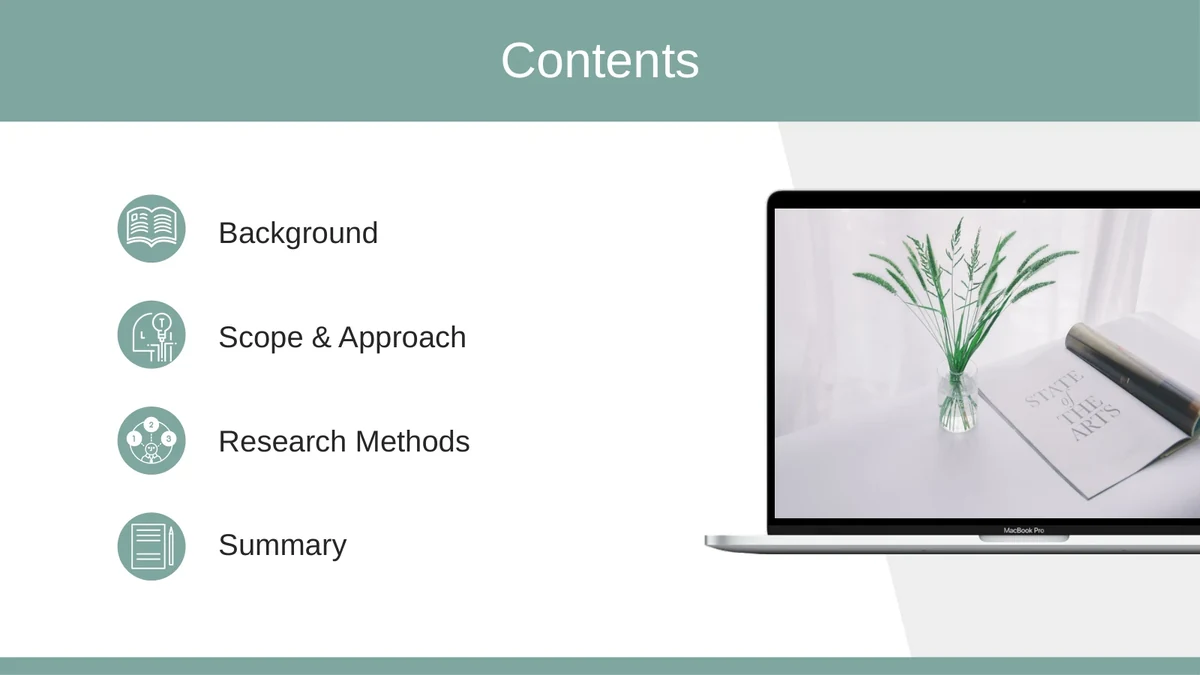 Slide 2: Four circular icons introduce Background, Scope & Approach, Research Methods and Summary beside the recurring laptop scene.