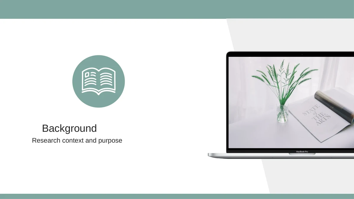 Slide 3: A book icon in a sage circle introduces Background and the research context and purpose, with the laptop scene on the right.
