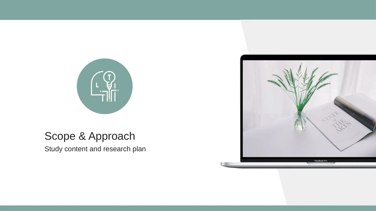 Slide 8: A head-and-lightbulb icon introduces Scope & Approach and its study-content and research-plan subtitle beside the laptop scene.