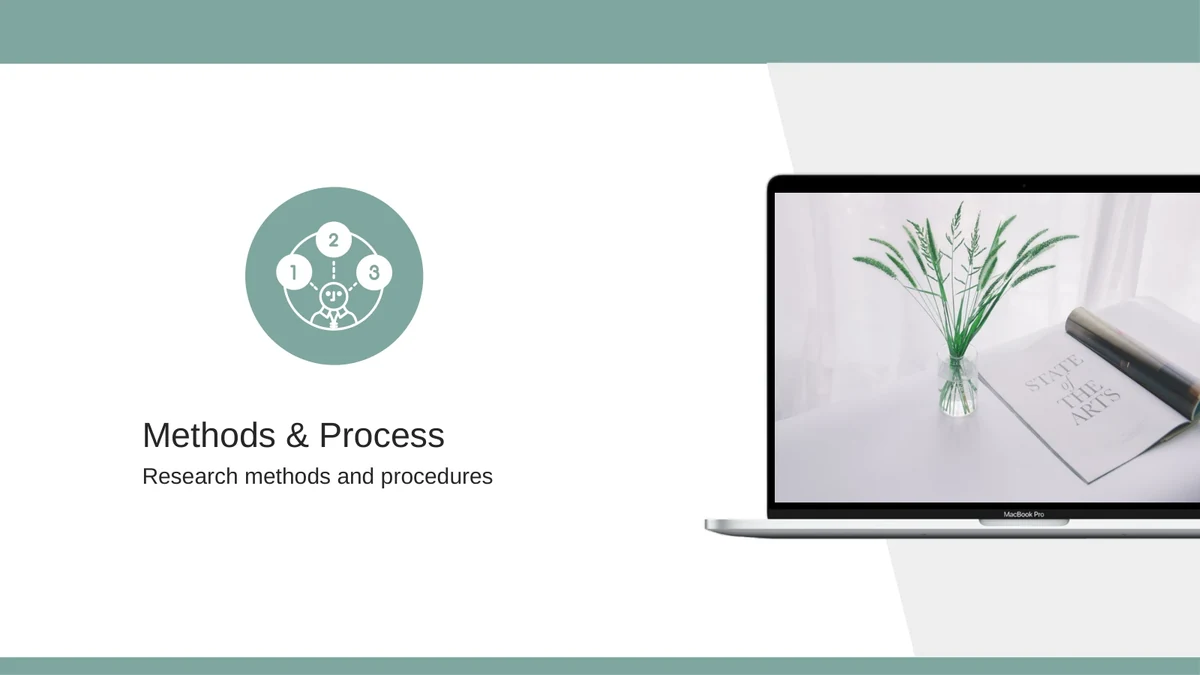 Slide 11: A circular research-process icon introduces Methods & Process, with a short subtitle and the laptop scene.