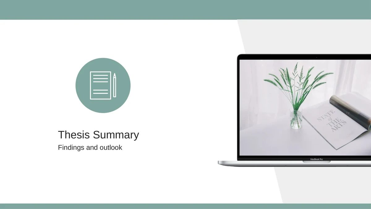 Slide 14: A notepad-and-pencil icon introduces Thesis Summary and its findings-and-outlook subtitle beside the laptop scene.