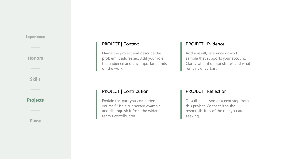 녹색 세로선과 프로젝트 글 네 개, 강조된 Projects 라벨.