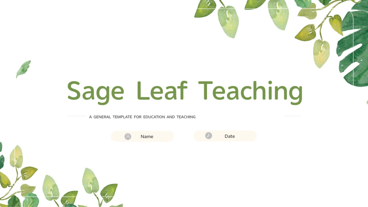 Watercolor leaves decorate a white cover with a sage teaching title and small name and date fields.