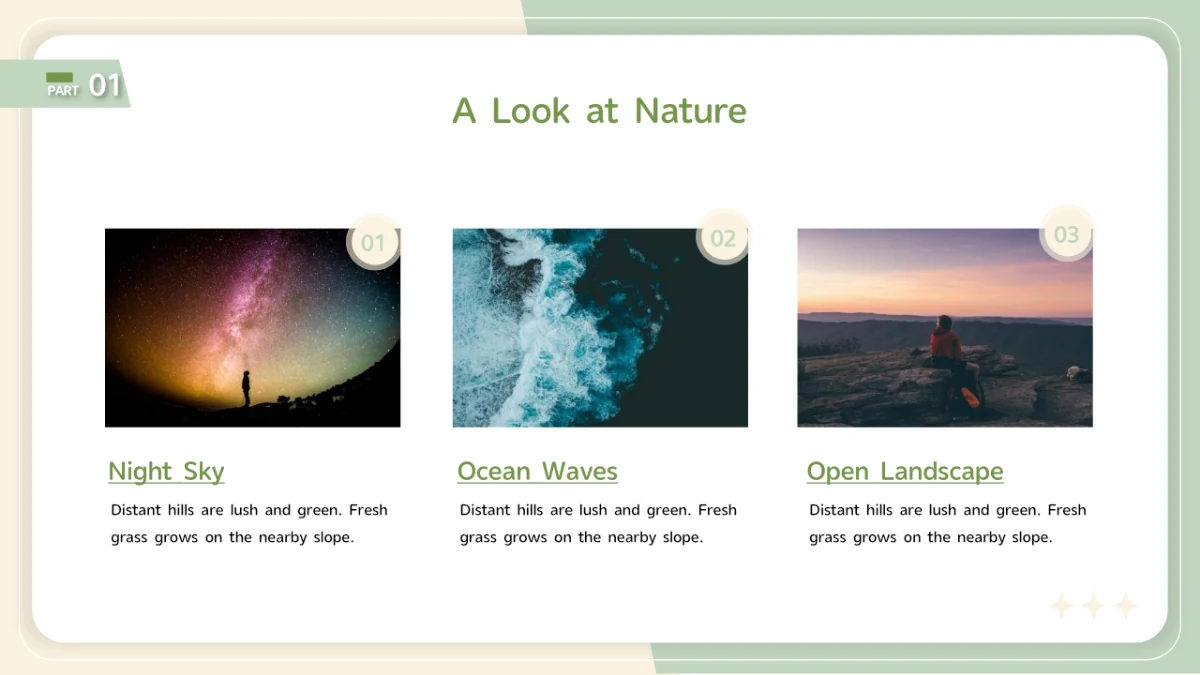 Night-sky, ocean-wave and sunset photographs sit in three columns above short English nature descriptions.