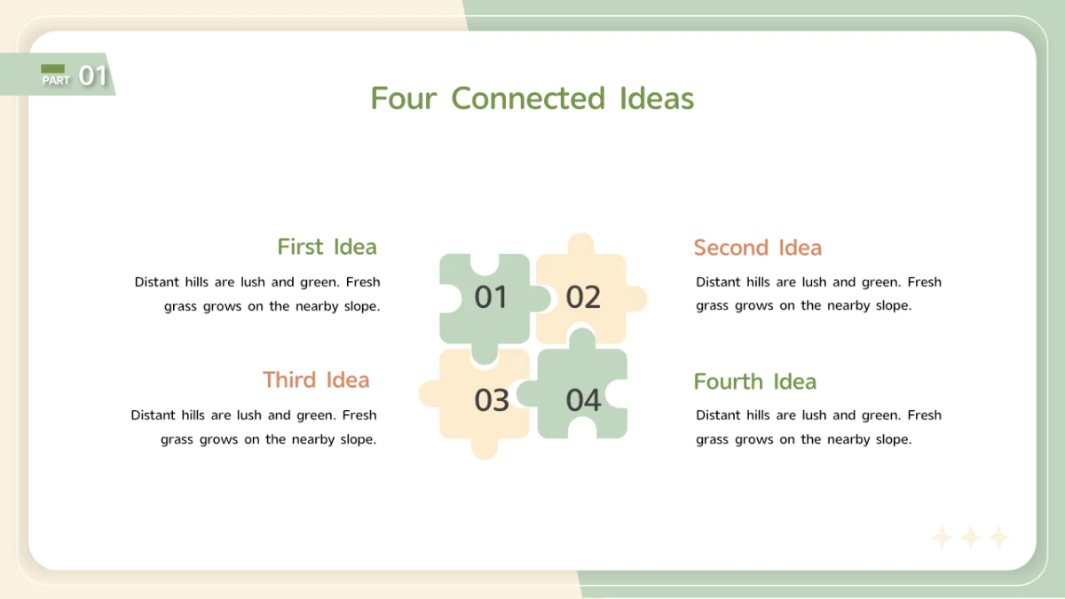 Two green and two cream puzzle pieces interlock at the centre, numbered 01 to 04, with short explanations around them.