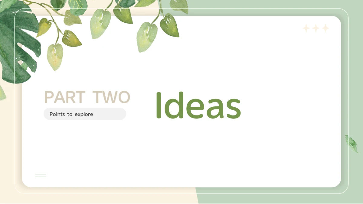 The second chapter page pairs PART TWO with the green Ideas heading beneath watercolor leaves at the upper left.
