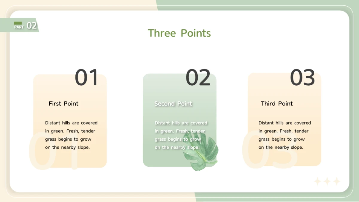 Three tall numbered cards alternate cream, green and cream, with short text and a leaf accent on the middle card.