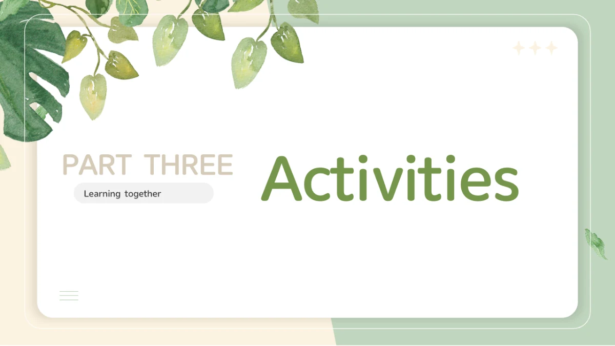 PART THREE and the green Activities heading sit on a white rounded panel, with watercolor leaves at the upper left.