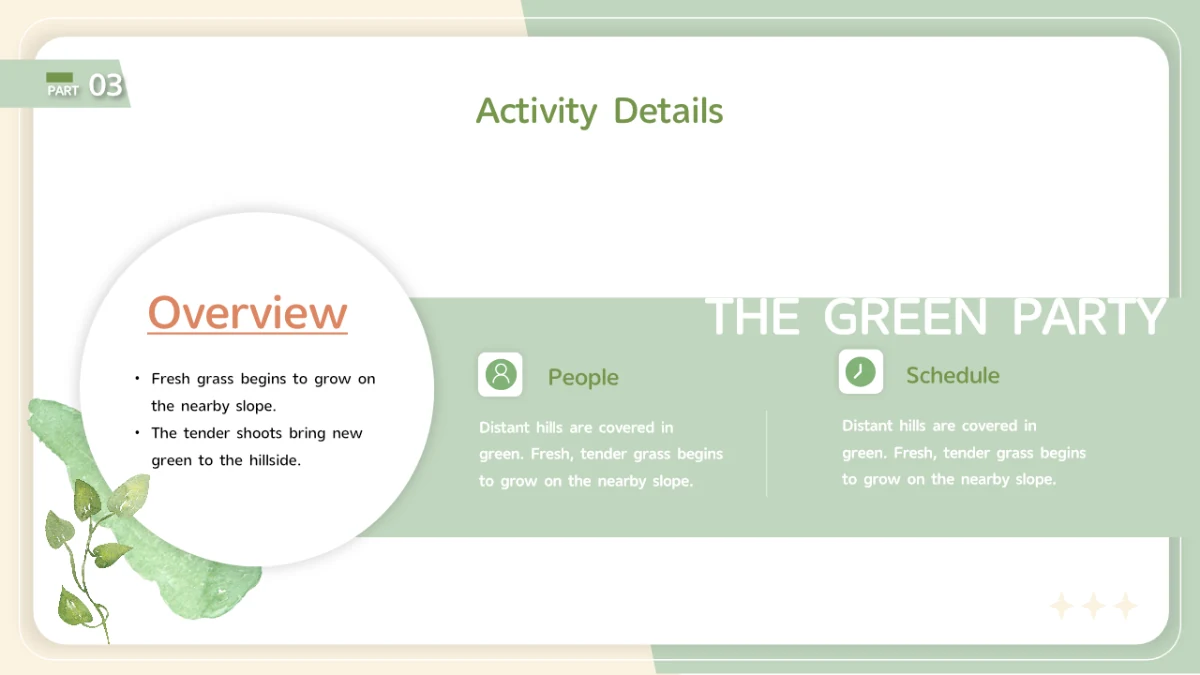 A large white Overview circle overlaps a green band labelled The Green Party, beside People and Schedule icon columns.
