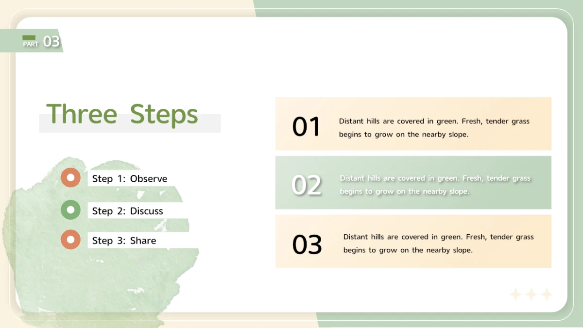 A three-step list sits over a leaf illustration on the left; three wide numbered description bars fill the right.