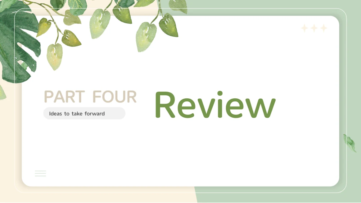 PART FOUR and the green Review heading appear on a white rounded panel with watercolor leaves at the upper left.