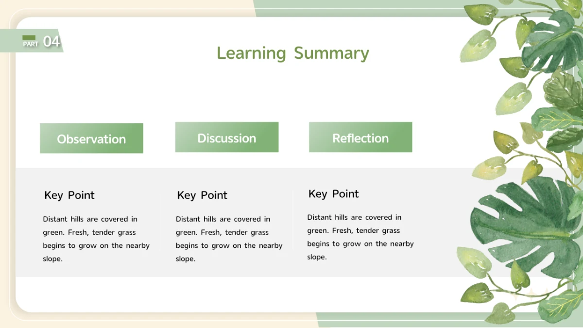 Three short headings and text columns occupy the left and centre, with watercolor foliage along the right edge.