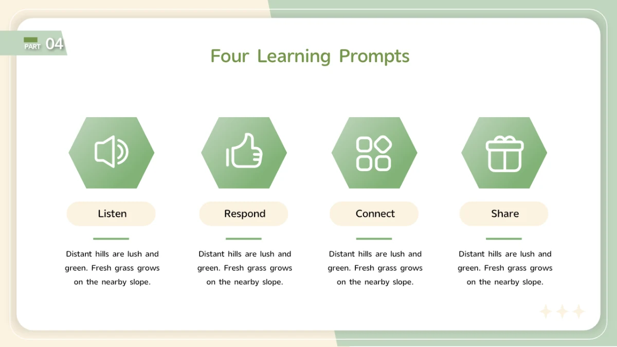 Four green hexagons containing icons stand above separate headings and short text columns.