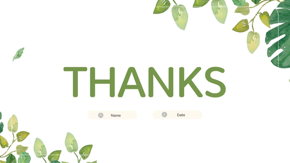 A large Thanks heading returns to the white botanical cover style, with name and date fields below.