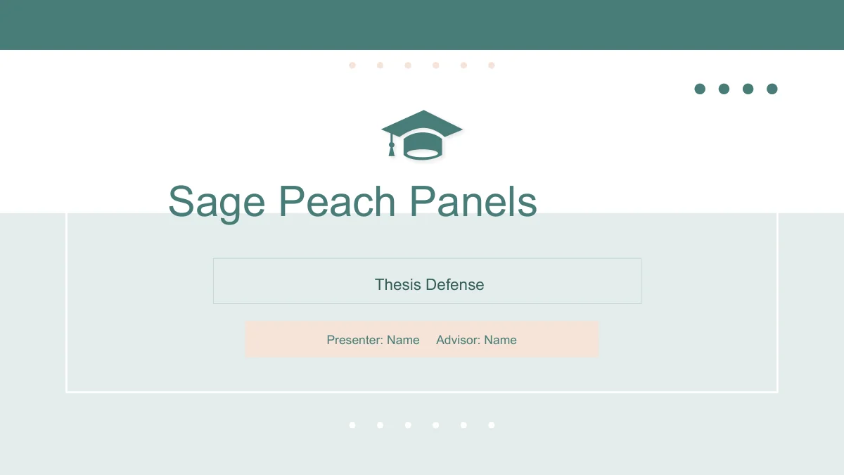 Slide 1: A graduation-cap icon introduces Sage Peach Panels and Thesis Defense. Sage bars, a pale blue panel and a peach strip frame presenter and advisor name fields.
