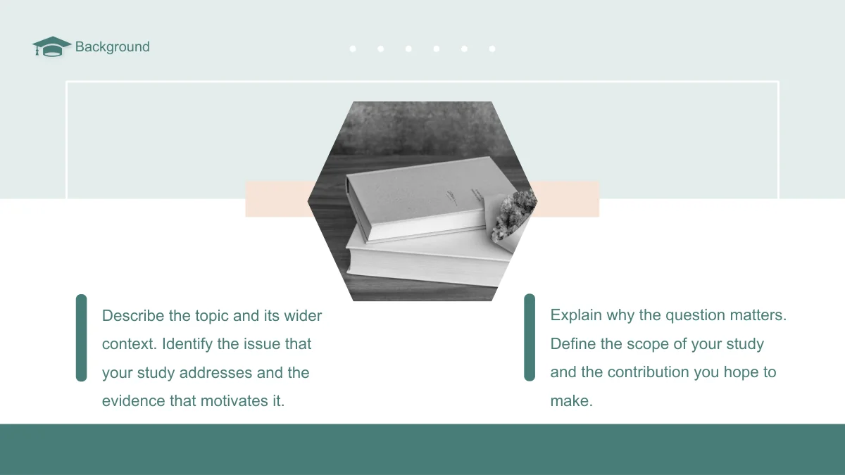 Slide 4: A hexagonal crop of books and flowers sits between two context notes. Short sage accents separate the explanations beneath the photograph.