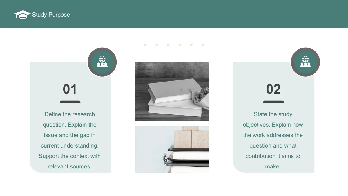 Slide 6: Two numbered pale blue cards explain the research question and study purpose. Two stacked book photographs separate the cards, with circular group icons above them.