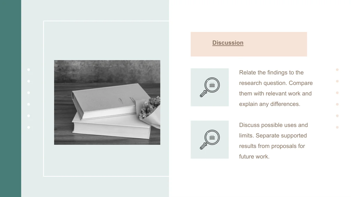 Slide 15: A book-and-flower photograph occupies the framed panel on the left. Two magnifier icons accompany discussion prompts beneath a peach heading on the right.