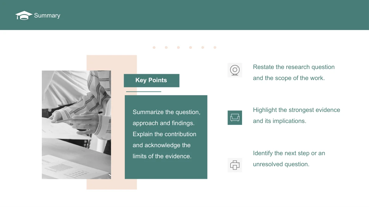 Slide 18: A narrow study photograph overlaps a peach accent. A sage Key Points card holds the main summary, with three icon-led notes arranged on the right.