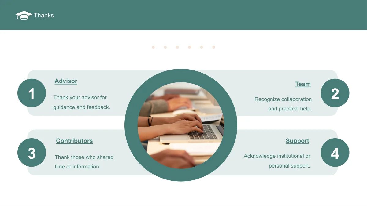 Slide 20: A circular photograph of hands working on laptops overlaps four pale blue bands. Numbered notes acknowledge an Advisor, Team, Contributors and Support.