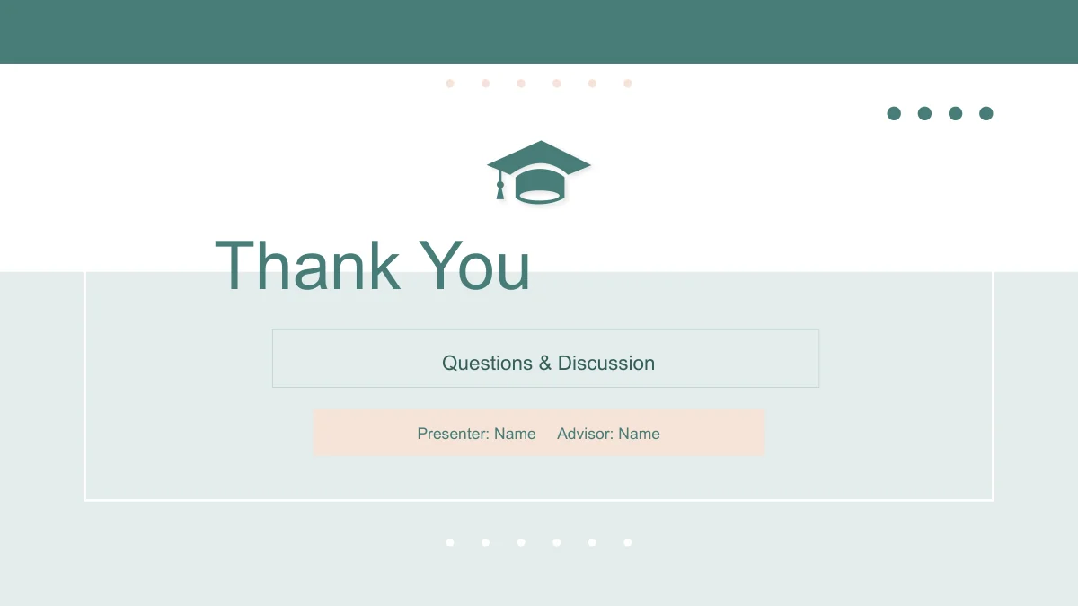 Slide 21: Thank You and Questions & Discussion repeat the cover palette and graduation-cap motif. Presenter and advisor name fields sit in the lower peach strip.